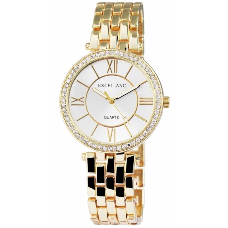Excellanc 1510 Damen Armbanduhr goldfarben mit Strass und Metallarmband Damenuhr Uhr